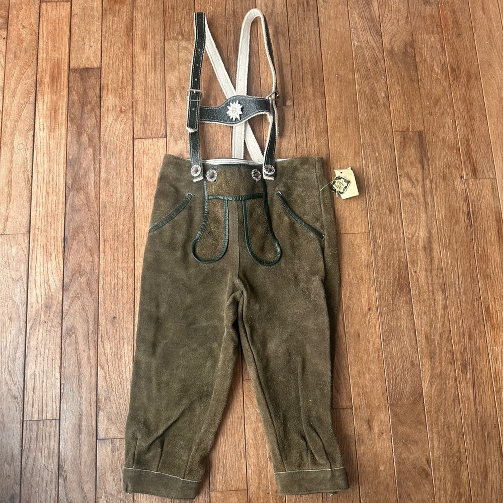 Vtg Lederhosen Kids Size 122 Suede Leather Suspenders Green Brown Oktoberfest